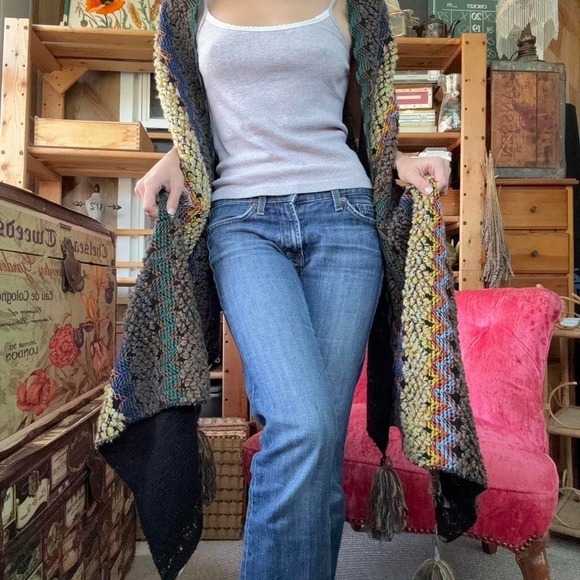 Boho Chunky Knit Longline Vest Multi Color Chevron Popcorn Stitch Tassel Hem - Picture 2 of 8